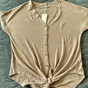 Waffle knit button down with tie front. Taupe. Size XL. New with tag